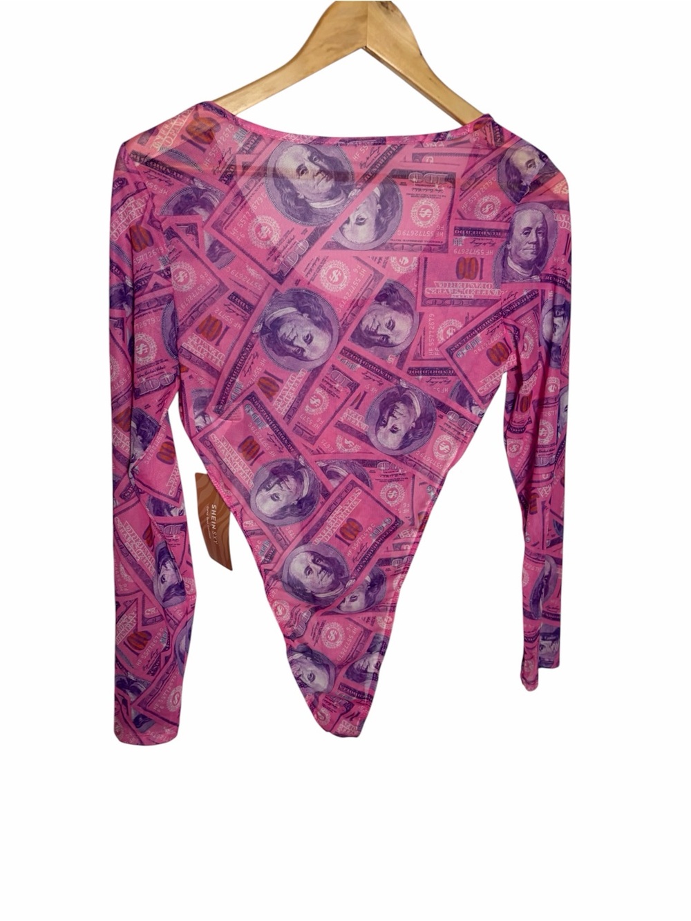 NWT pink & purple 100 dollar bill mesh long sleeve bodysuit size L
